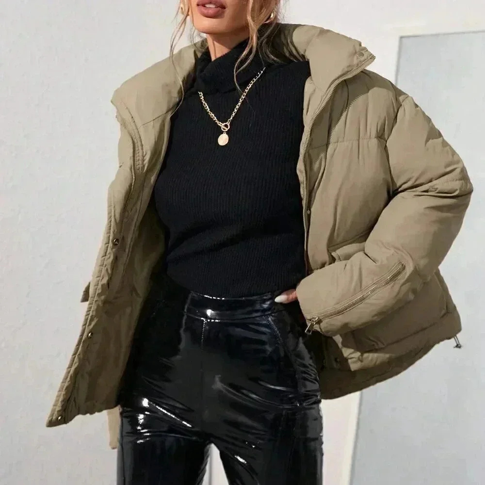Khaki Casual Women's Loose Stand Collar Padded Puffer Coat - Picture 3 of 6